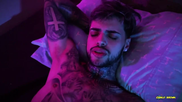Hot Tattooed Twink Jerking His Big Uncut Cock with Oil and Shooting His Cum