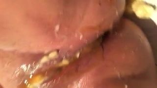 Piggy fills pussy and ass with caramel