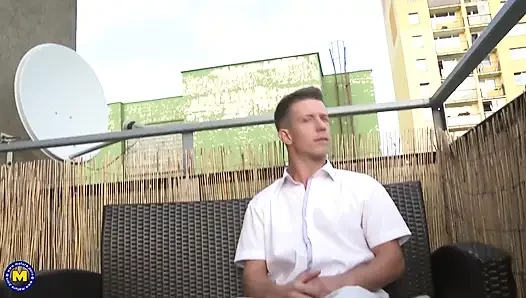 Busty mature lady spreads her legs for a young guy