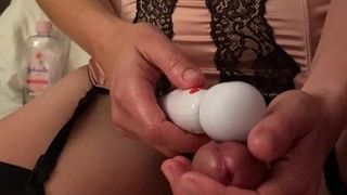 Hot wife in stockings edging cock and using sex toy on pussy