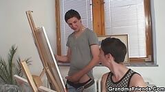 Two young artists share very old mature model