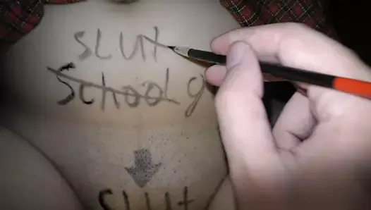 Kinky teen schoolgirl with big boobs gets dirty bodywritings