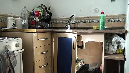 55 year old stepmom lets horny stepson cum on her pussy in the kitchen