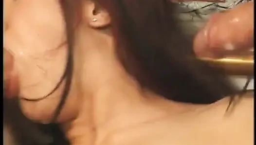 Asian slut in a short jean skirt and sneakers gets banged in all directions