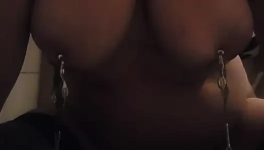 Pain slut: Nipple weights, pussy clamps. Playing with a wand to orgasm.