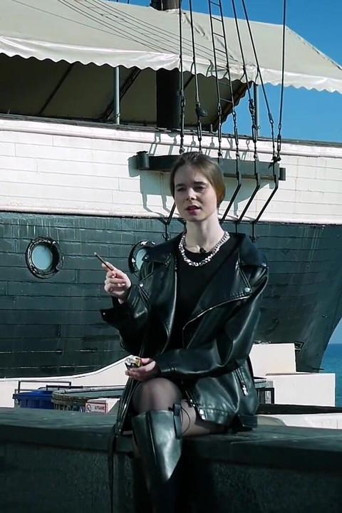 Young Russian Woman Smoking Cigarette Outdoor Terrace