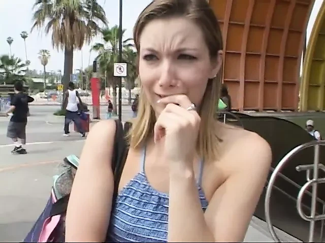 Two dudes invite young blonde in their van and fuck her