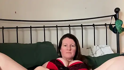 blushing big boobed beautiful babe in red neglige