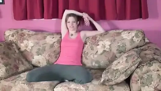 Broad strips and plays with her shaved pussy