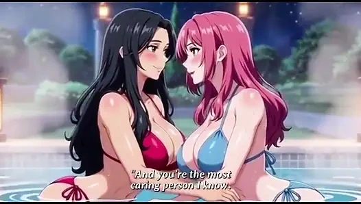 Stepmom and stepsister taking hot bath and pressing boobs