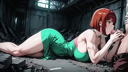 Рыжую аниме-девушку жестко трахнули на разрушенной фабрике - текущая сперма на всей ее большой заднице