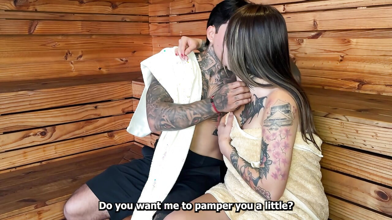 My neighbor leaves me alone with her boyfriend and we end up fucking in the sauna