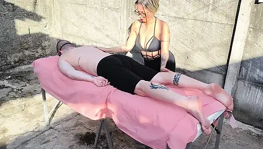 Nude massage outdoors with hot blonde