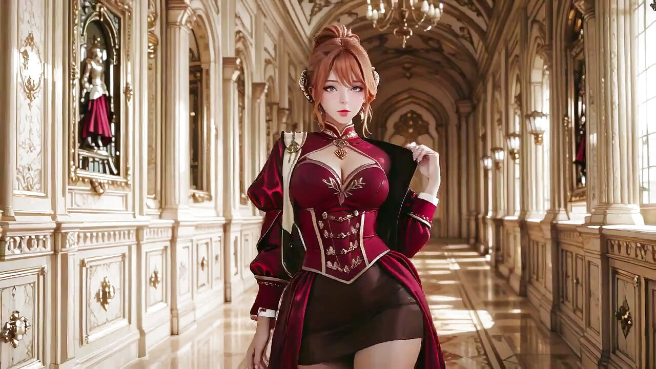 Reine rouge sur le trône d’or ! Robe de velours profond, repos de chin paresseux et un regard qui s’enferme sur toi. Est-elle une règle ou une proie ?