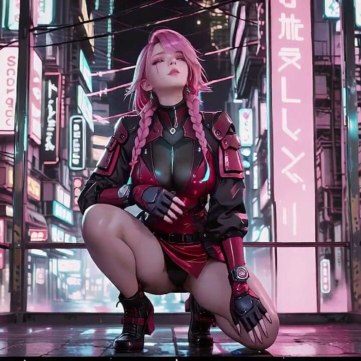 粉紅髮賽博女僕在霓虹駕駛艙慵懶醒來