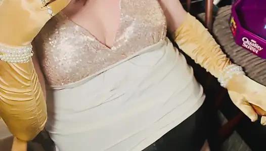 A Glam Tina Snua Smoking 2 Cigarettes Tip To Tail In Satin Gloves - Snap Inhales Drifting Smoke OMI OME Smoke Rings