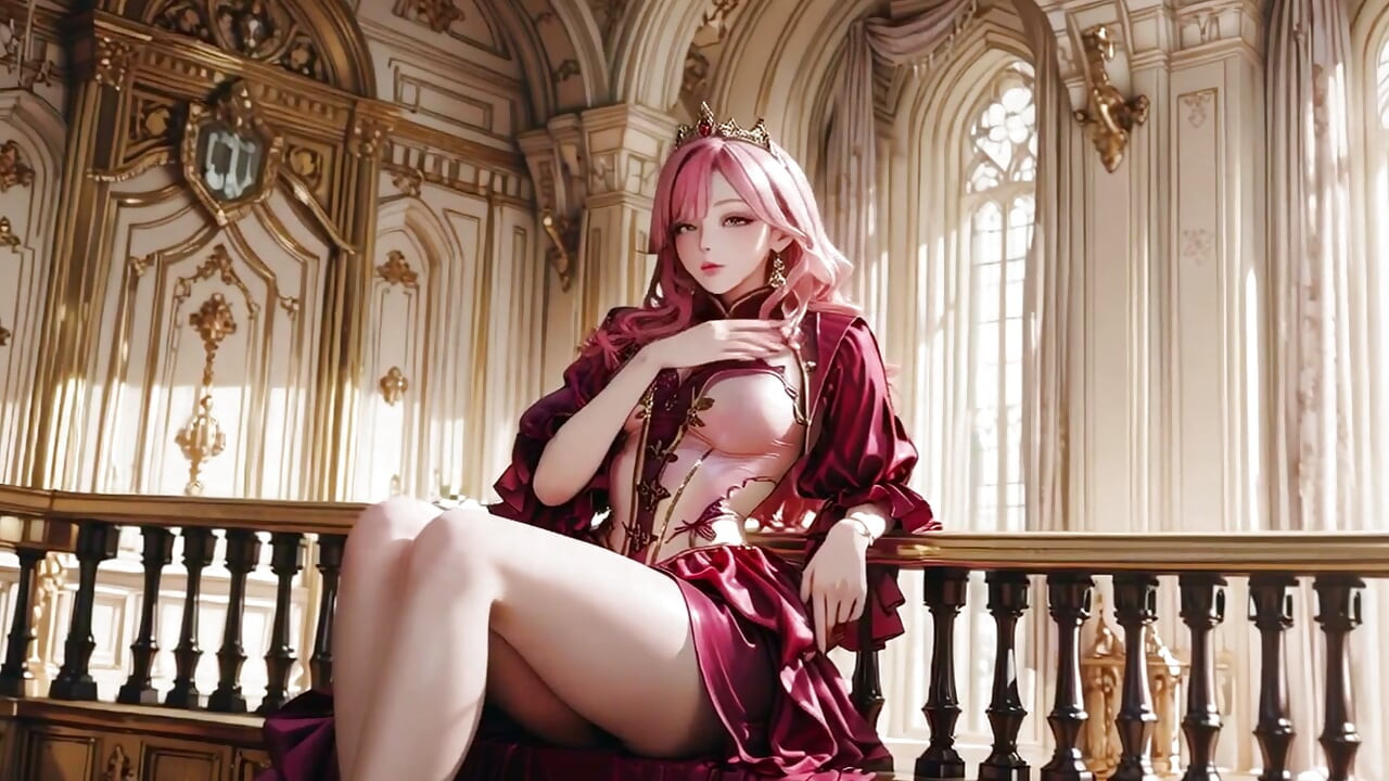 The Pink Queen's Coronation! Deep red silk, golden goblet, and a lazy gaze from the throne. Pure fantasy.
