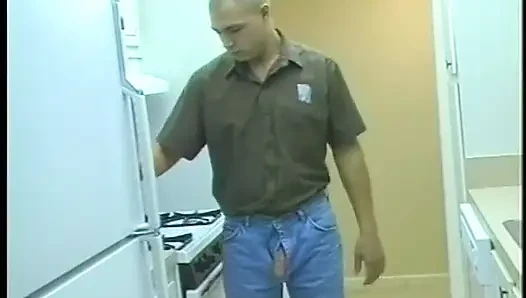 Guy on kitchen counter gets cock sucked