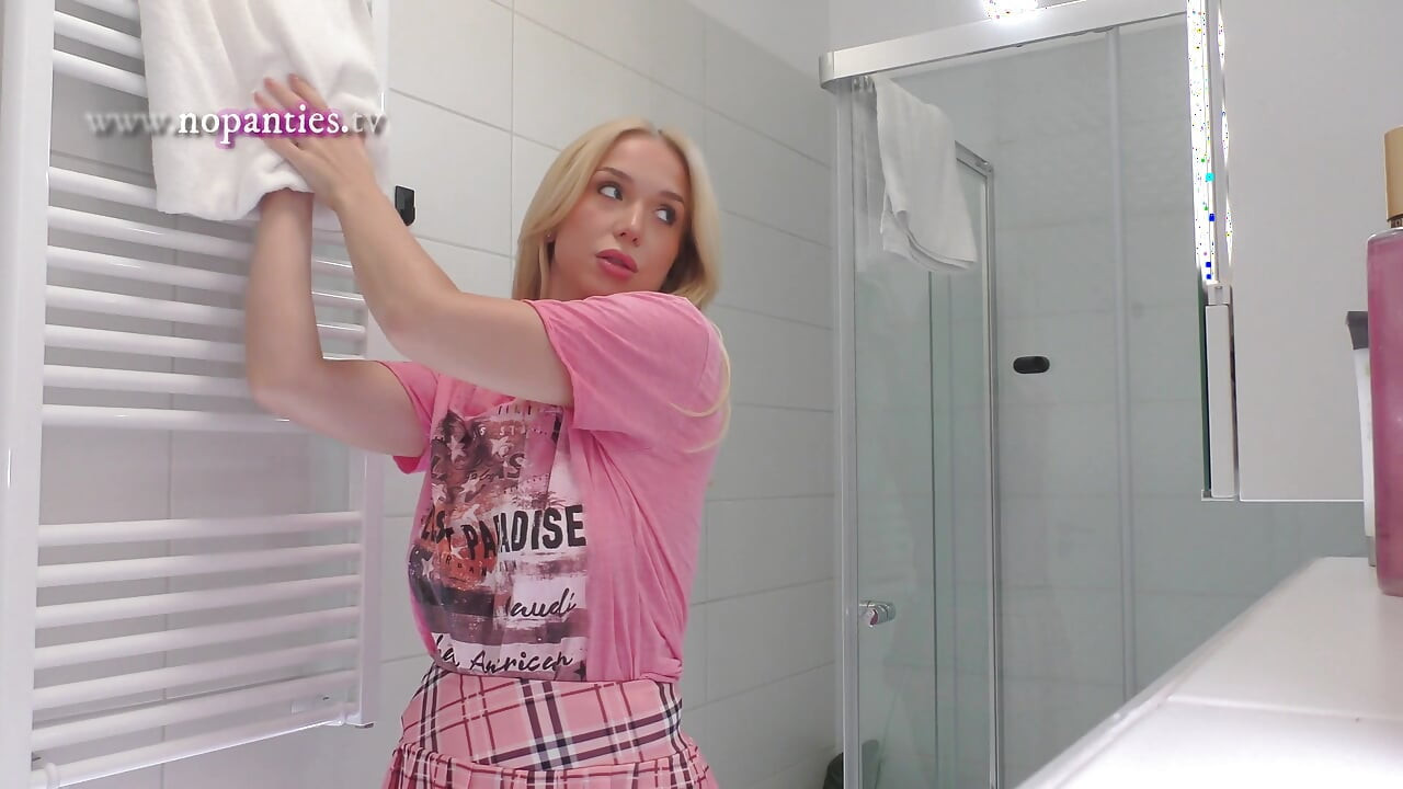 Cute Beautiful and Hot All Natural Big Tits Big Ass Blonde College Slut Masturbates with a Small Massager Using Under Her Skirt