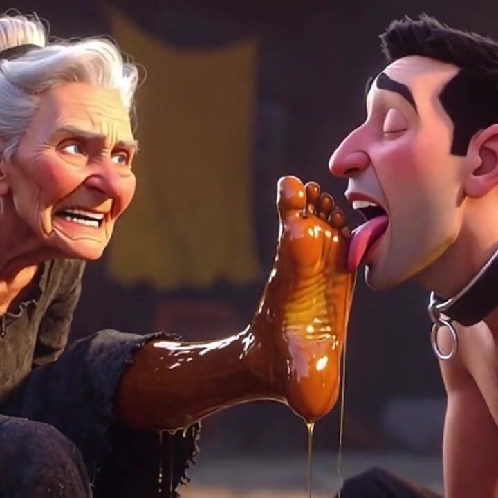Submissive Slave Licking Wrinkled Feet of Old Ladies