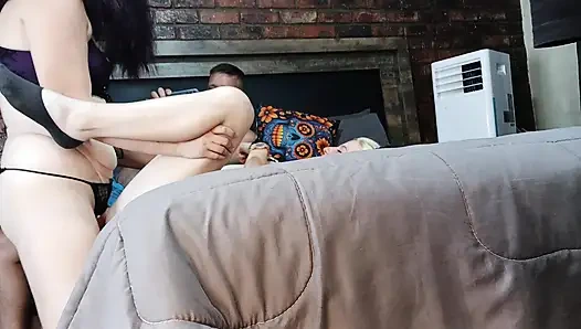 Jerking off while 2 girls fuck each other with a strap on
