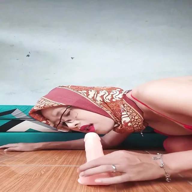 Trans Wearing Hijab Sucks Cock and Masturbate with a Dildo
