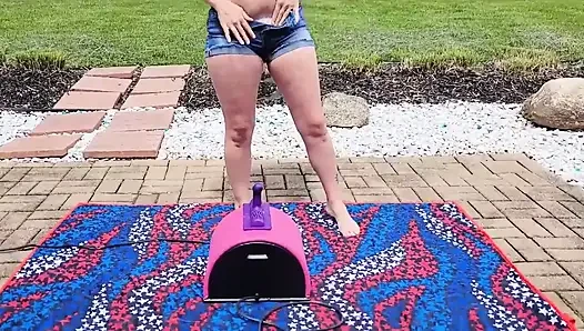Almost Caught Blonde Hotwife Rides a Sybian Outdoors in Her Backyard