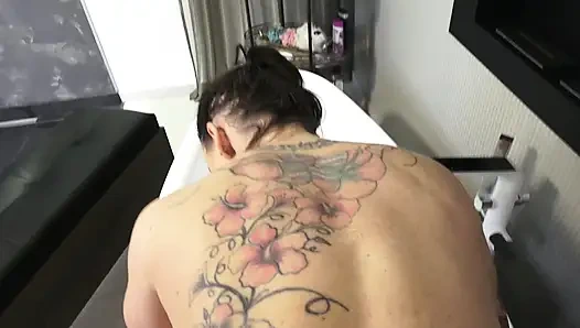 Tattooed Brunette Babe Sucks and Fucks Big Cock