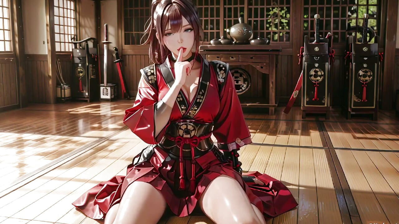Samurai Stacojiu! Războinică cu păr roșu în genunchi la soare, trecând de la grație tăcută la lovituri explozive de sabie.