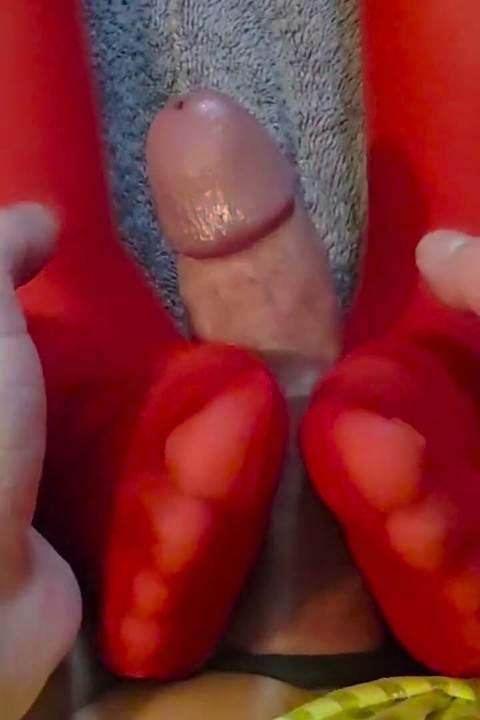 Latina MILF Gives Blowjob and Footjob Until I Cum on Her Red Stocking Feet