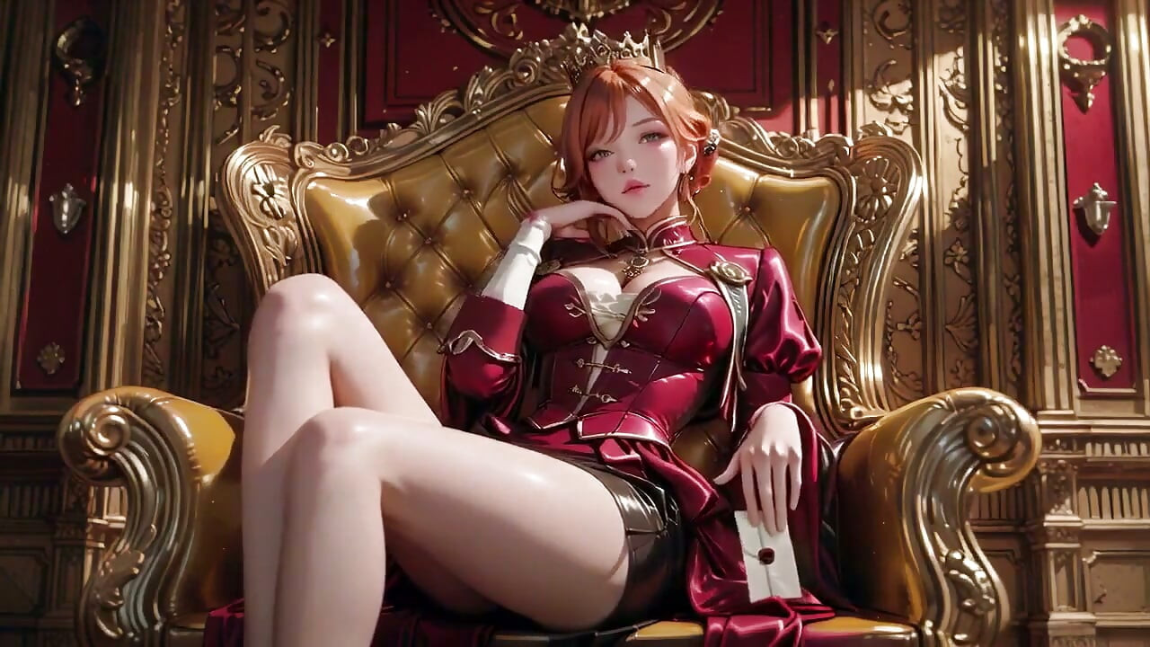 ¡La Reina Roja en el Trono Dorado! Vestido de terciopelo profundo, barbilla apoyada con pereza y una mirada que te clava. ¿Es ella la que manda o la presa?