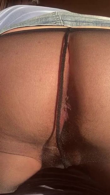 Close up asshole in black pantyhose. BBW ass. Hot mature with hairy pussy