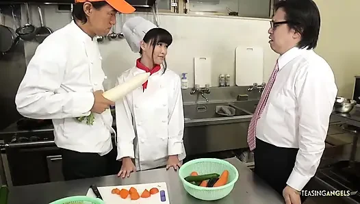 The chef and restaurant management reprimand the Asian cook by instructing her to squeeze thick veggies