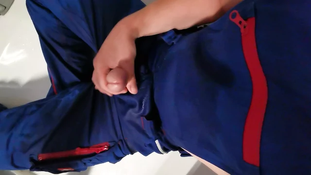 in horny work gear pissing and cumshot