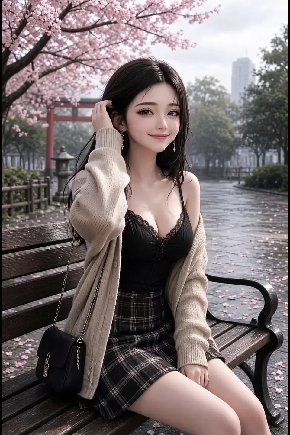 3d anime asian on park bench in japan