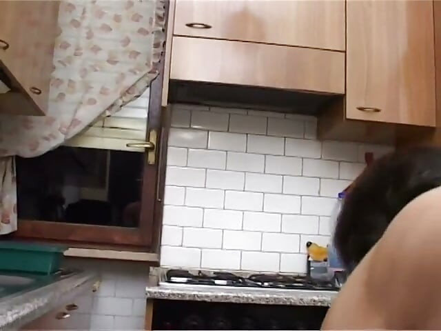 Lustful brunette gets banged in the kitchen by a young pig