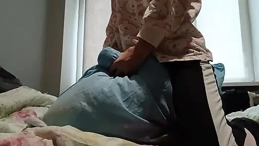 Super Skinny Girl Rubs Her Pussy on a Pillow and Cums Quickly so Her Parents Don't Catch Her