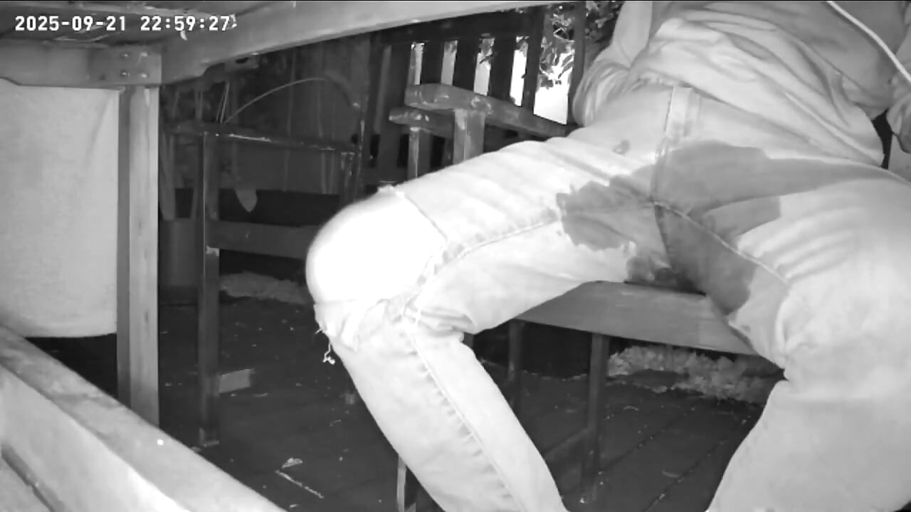 Amateur Boy Caught on Night Vision Cam Peeing Himself Sitting at the Garden Table (he Totally Wets His Pants) )