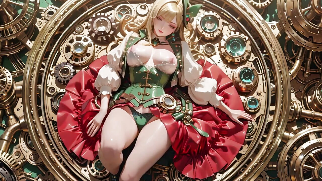 Steampunk Blonde Secretary! Lazy poses amidst giant gears, adjusting goggles with a teasing gaze.