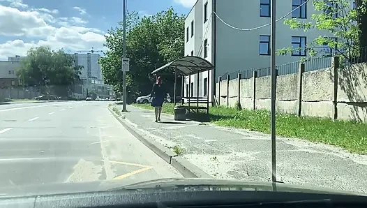 Masturbating with Banana and Eating It on Bus Station in Office Look