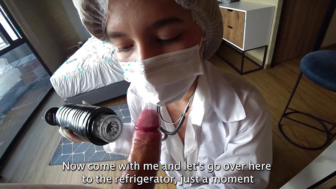 LATINA NURSE milks my CUM sample with Machine and his deepthroat
