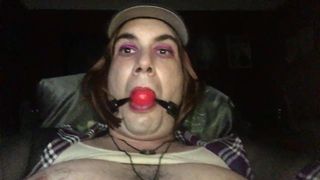 Dolled up, dressed up, gagged, with 10 inches in my ass!