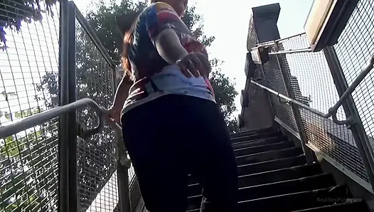 Short and thick brunette outdoor pising and public flashing