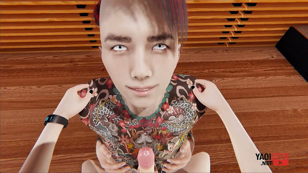Yaoi - Guy with a Fully Tattooed Body Gives a Twink a Handjob and Then Rubs Himself Against His Pecs