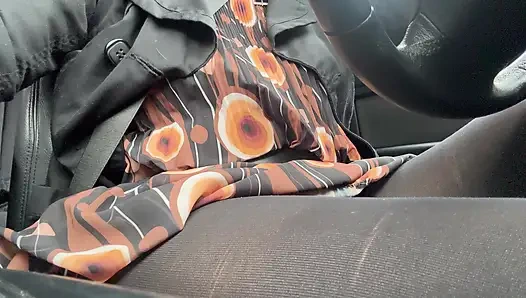Elegant stepmom drives to the office wearing tights and a beautiful dress