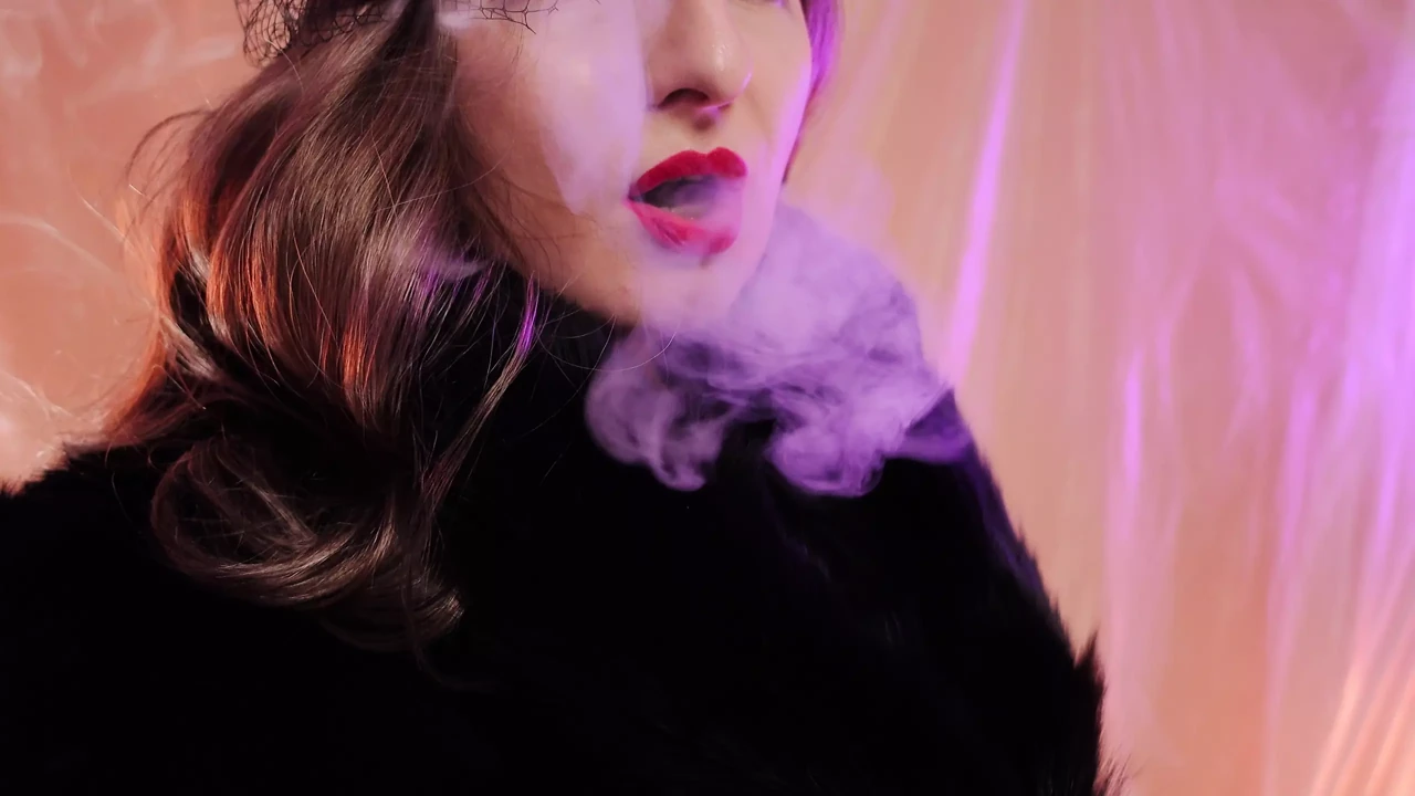 ASMR fur coat fetish, vaping smoking with leather gloves (Arya Grander)