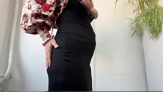 Hot sexy stepmom takes out her big tits, shows her bulging ass and rubs her pussy over her panties.