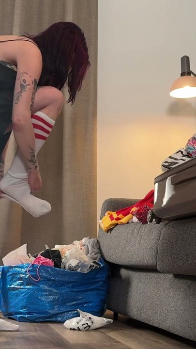 An influencer Tik Tok Girl in finds a dick in her room while making a try on haul for lingerie and short skirts | Clip 1