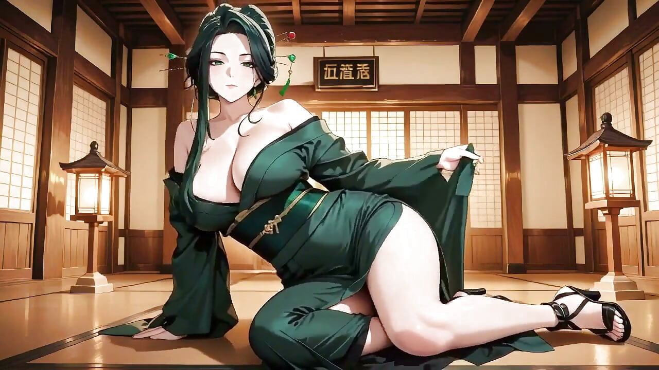 Deep Green Kimono! Private Shrine Stroll, High Slit Accidents!