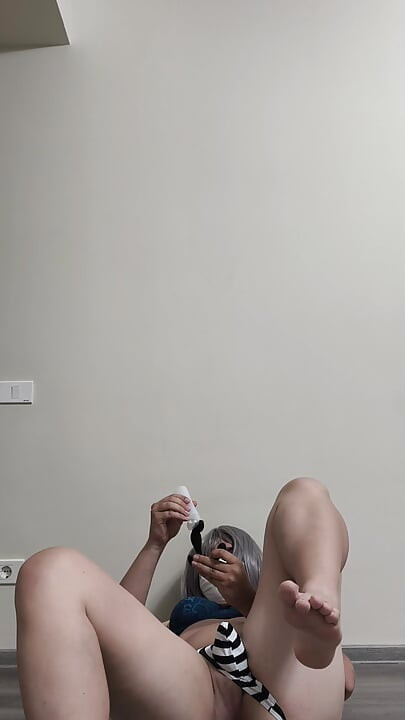 Crossdresser in bulge thong vibrating ass and cock